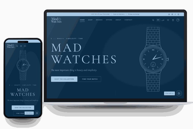 الصفحة الرئيسية للنسخة التجريبية من متجر Mad Watches على لابتوب وموبايل
